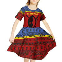 Eswatini Flag Kid Short Sleeve Dress with Traditional Shield Spear and Cultural Pattern Design - Wonder Print Shop