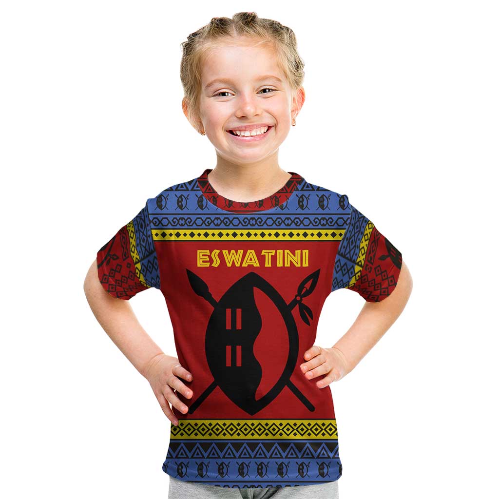 Eswatini Flag Kid T Shirt with Traditional Shield Spear and Cultural Pattern Design - Wonder Print Shop