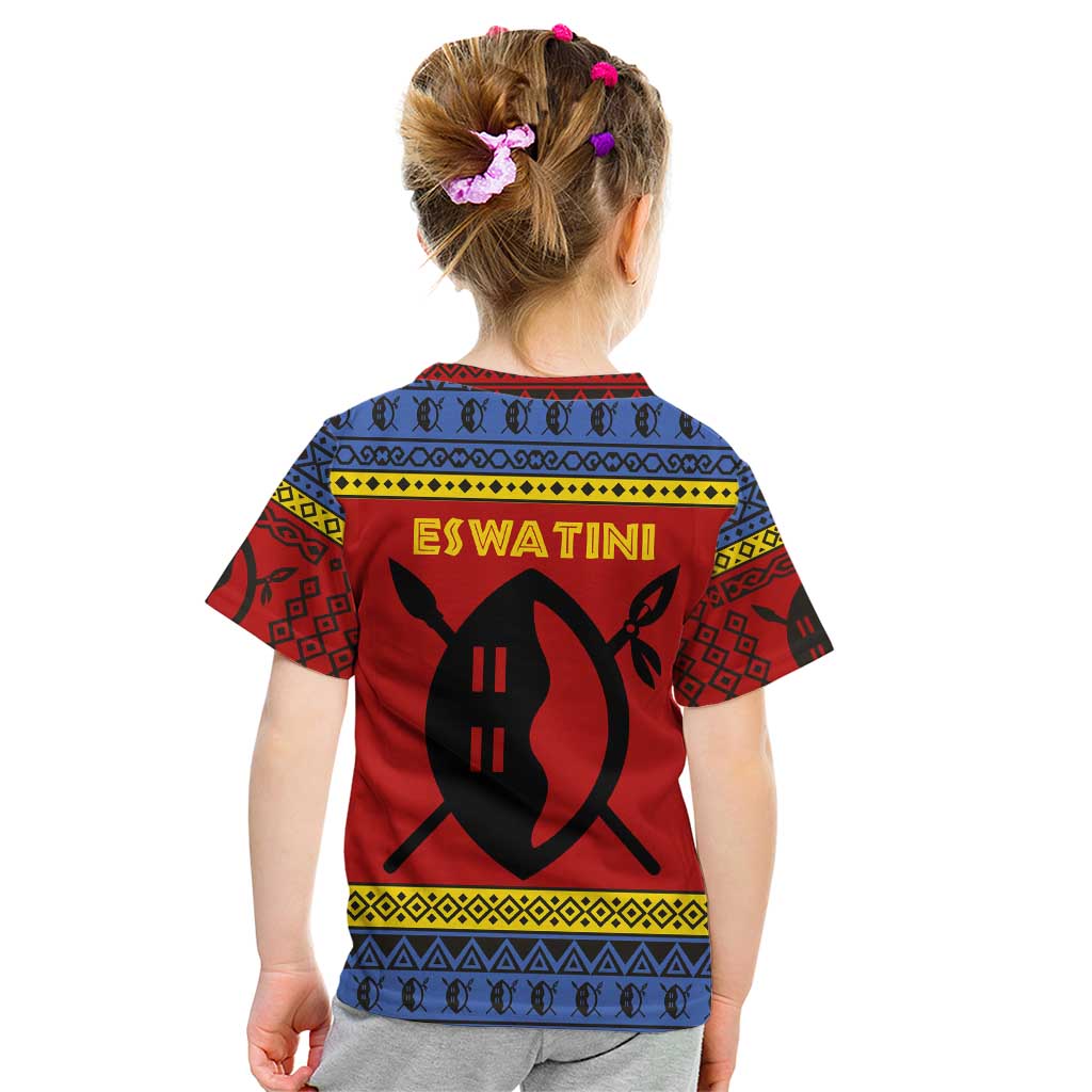Eswatini Flag Kid T Shirt with Traditional Shield Spear and Cultural Pattern Design - Wonder Print Shop