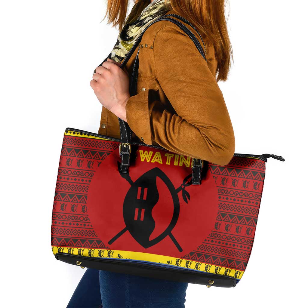 Eswatini Flag Leather Tote Bag with Traditional Shield Spear and Cultural Pattern Design - Wonder Print Shop
