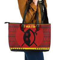 Eswatini Flag Leather Tote Bag with Traditional Shield Spear and Cultural Pattern Design - Wonder Print Shop