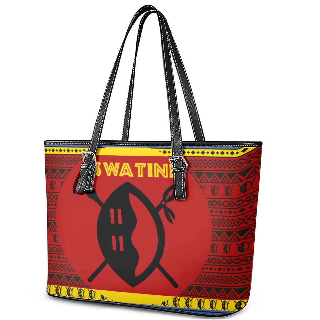 Eswatini Flag Leather Tote Bag with Traditional Shield Spear and Cultural Pattern Design - Wonder Print Shop