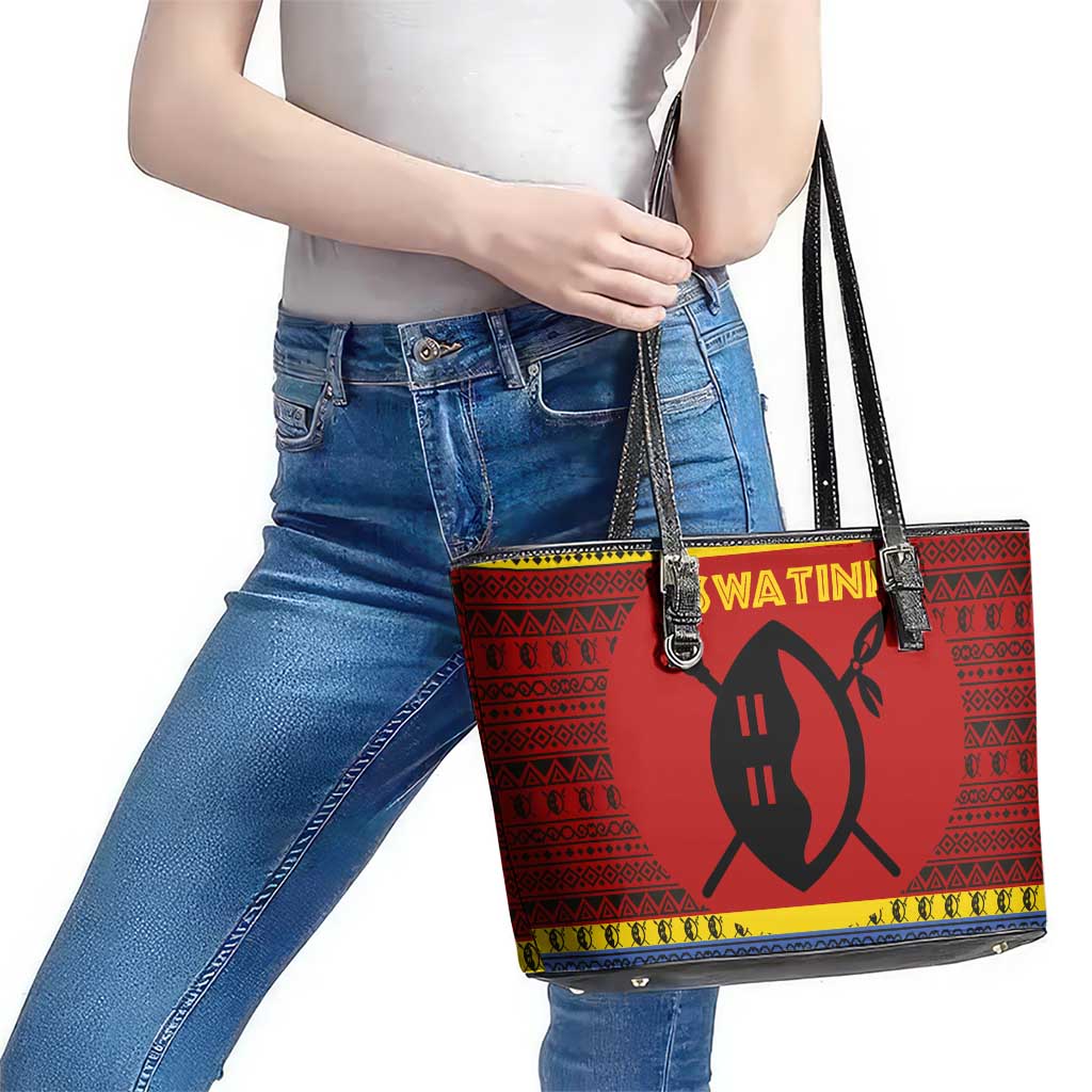 Eswatini Flag Leather Tote Bag with Traditional Shield Spear and Cultural Pattern Design - Wonder Print Shop