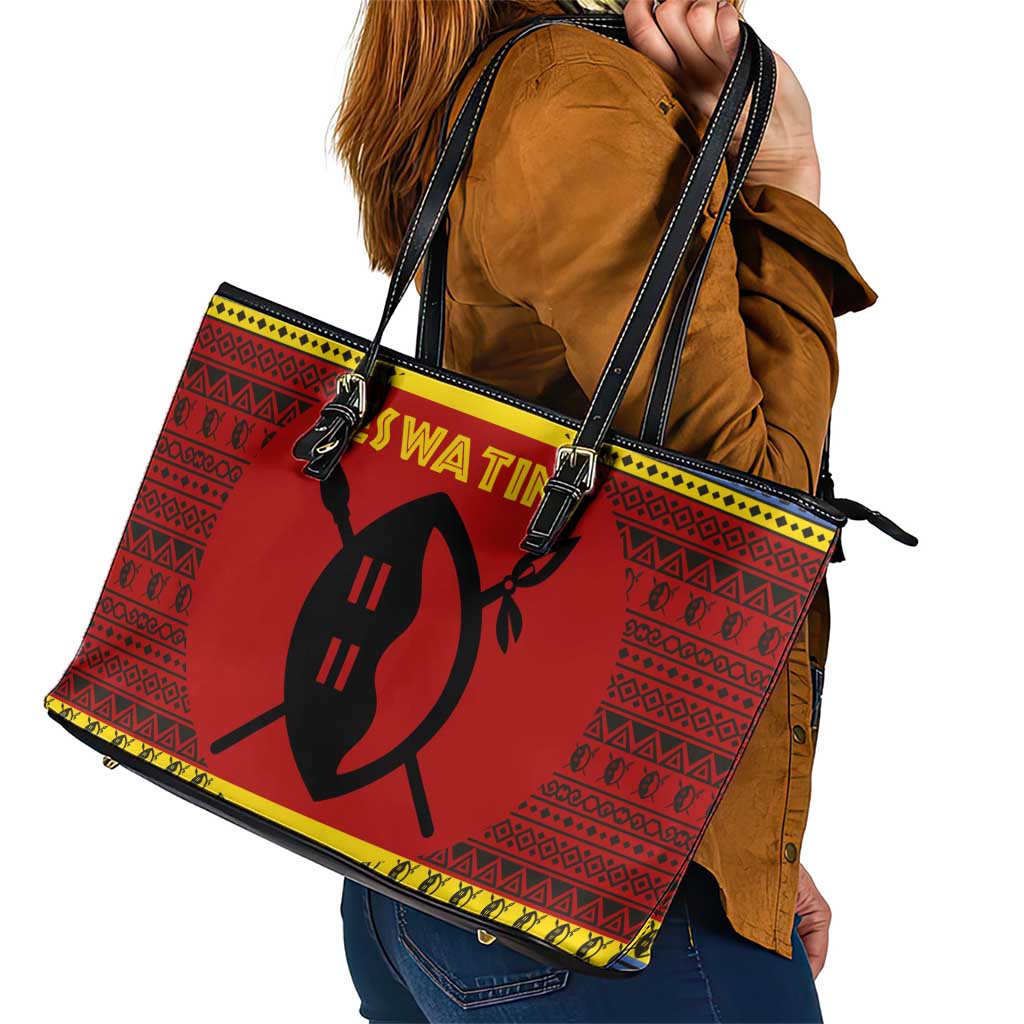 Eswatini Flag Leather Tote Bag with Traditional Shield Spear and Cultural Pattern Design - Wonder Print Shop