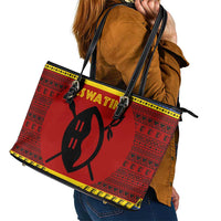 Eswatini Flag Leather Tote Bag with Traditional Shield Spear and Cultural Pattern Design - Wonder Print Shop