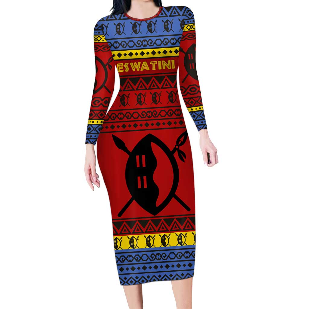 Eswatini Flag Long Sleeve Bodycon Dress with Traditional Shield Spear and Cultural Pattern Design - Wonder Print Shop