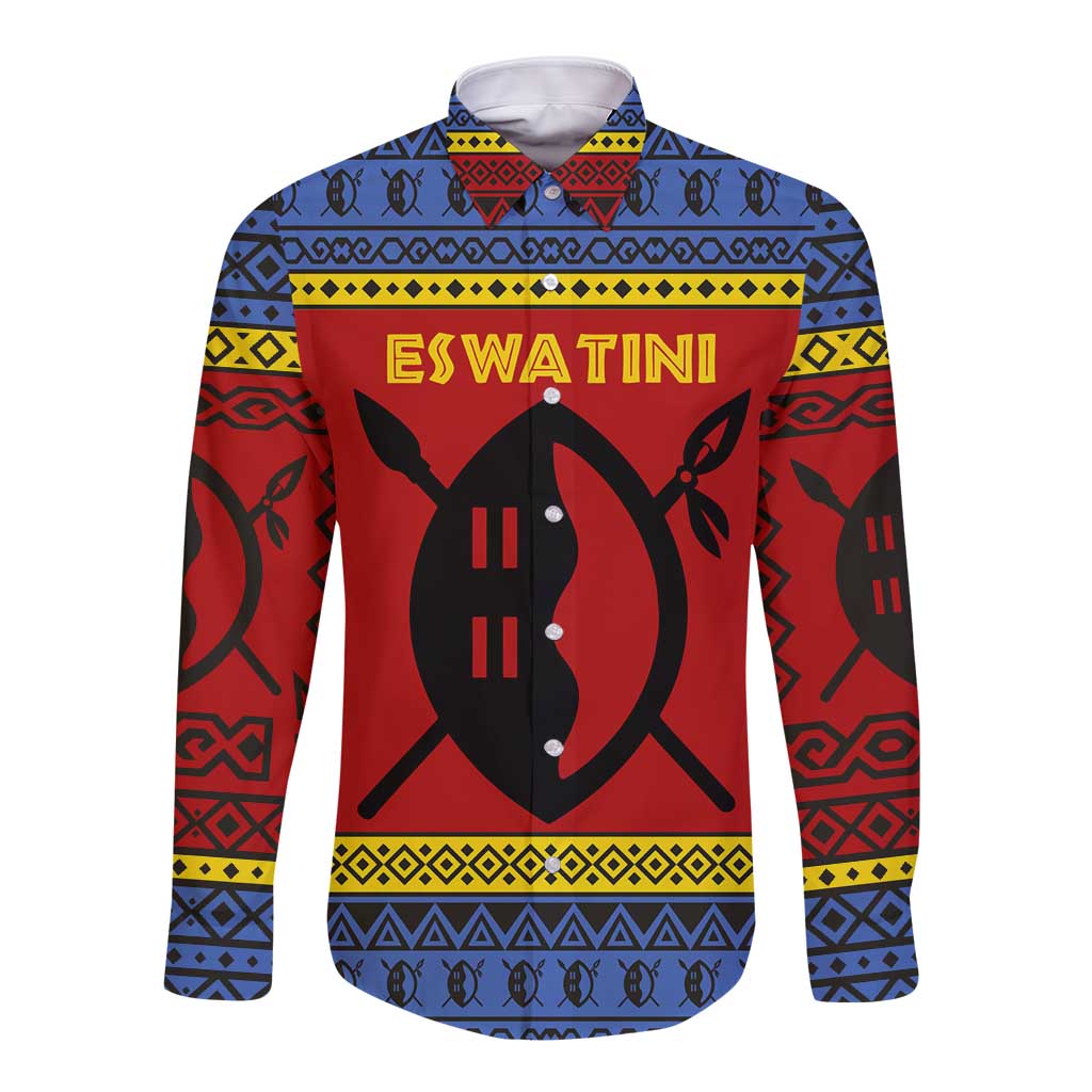 Eswatini Flag Long Sleeve Button Shirt with Traditional Shield Spear and Cultural Pattern Design - Wonder Print Shop