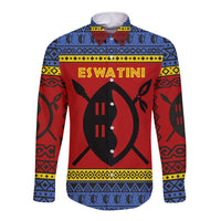 Eswatini Flag Long Sleeve Button Shirt with Traditional Shield Spear and Cultural Pattern Design - Wonder Print Shop
