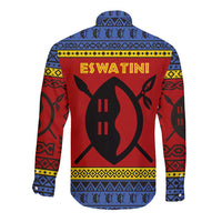 Eswatini Flag Long Sleeve Button Shirt with Traditional Shield Spear and Cultural Pattern Design - Wonder Print Shop