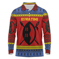 Eswatini Flag Long Sleeve Polo Shirt with Traditional Shield Spear and Cultural Pattern Design - Wonder Print Shop