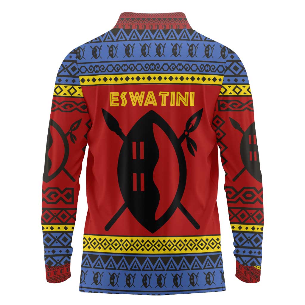 Eswatini Flag Long Sleeve Polo Shirt with Traditional Shield Spear and Cultural Pattern Design - Wonder Print Shop