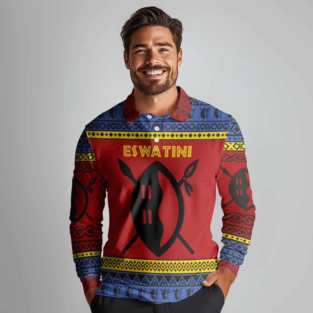 Eswatini Flag Long Sleeve Polo Shirt with Traditional Shield Spear and Cultural Pattern Design - Wonder Print Shop