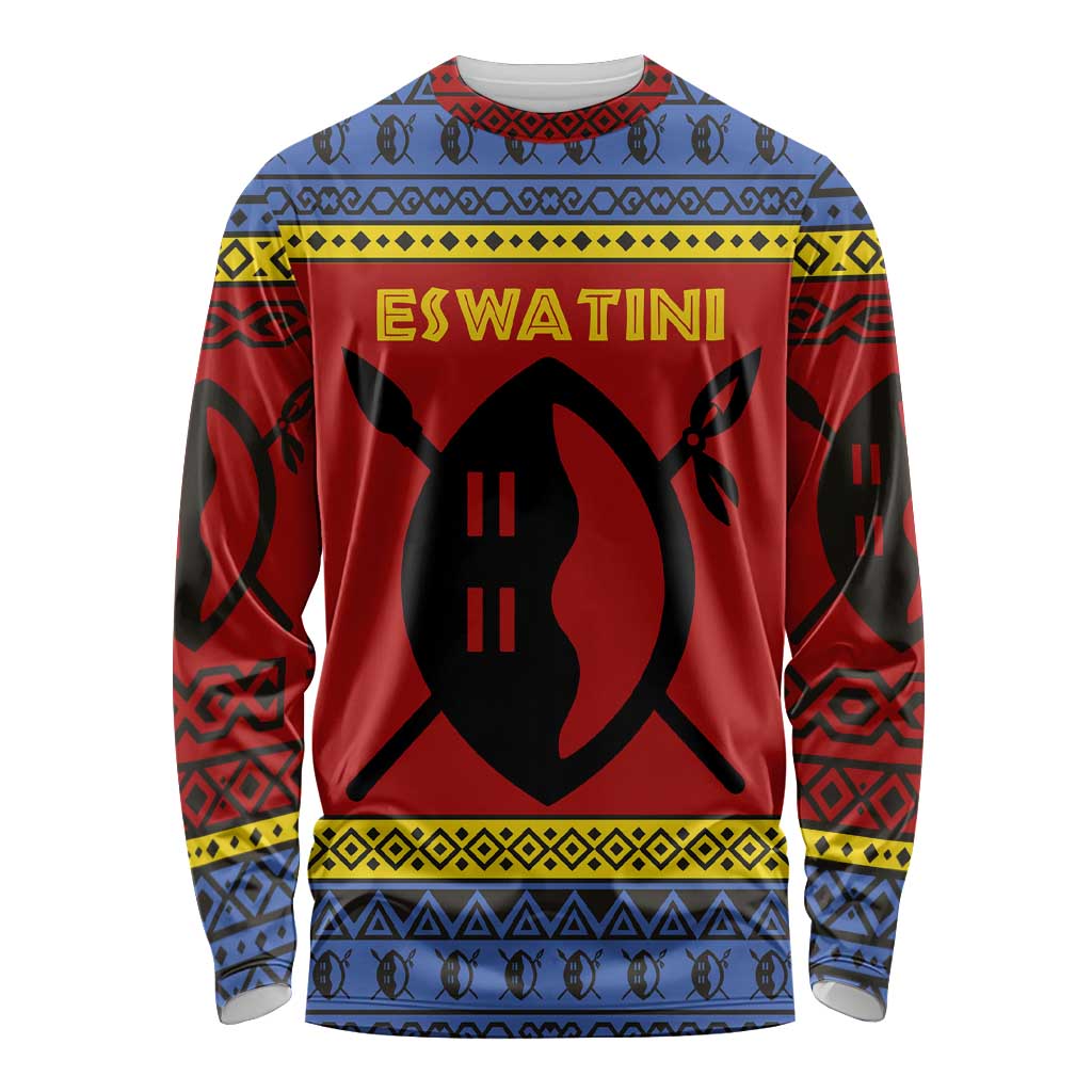 Eswatini Flag Long Sleeve Shirt with Traditional Shield Spear and Cultural Pattern Design - Wonder Print Shop