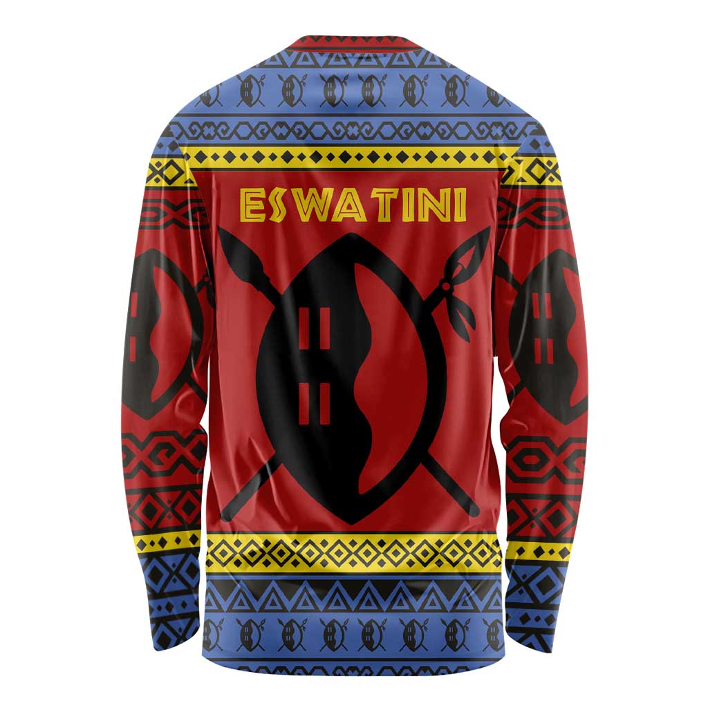 Eswatini Flag Long Sleeve Shirt with Traditional Shield Spear and Cultural Pattern Design - Wonder Print Shop