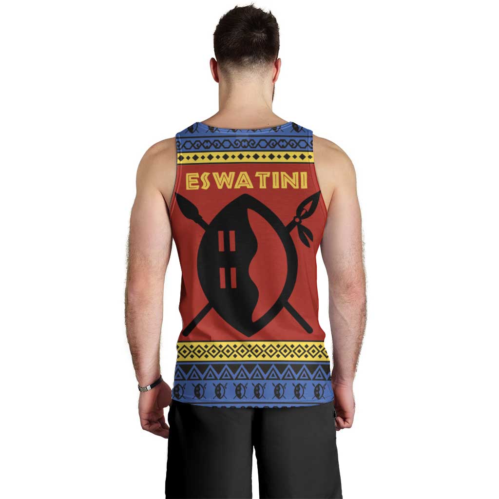 Eswatini Flag Men Tank Top with Traditional Shield Spear and Cultural Pattern Design - Wonder Print Shop