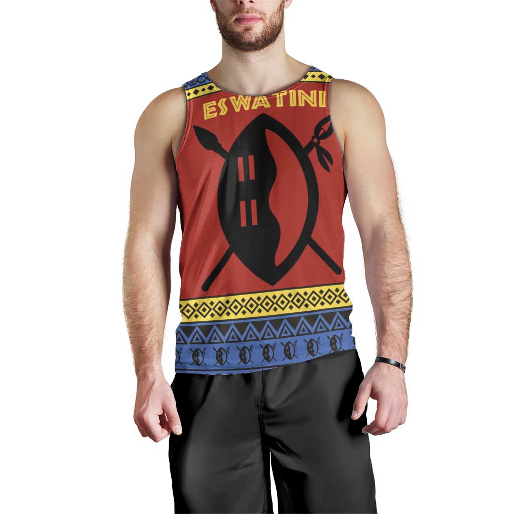 Eswatini Flag Men Tank Top with Traditional Shield Spear and Cultural Pattern Design - Wonder Print Shop