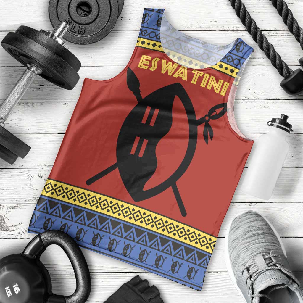 Eswatini Flag Men Tank Top with Traditional Shield Spear and Cultural Pattern Design - Wonder Print Shop