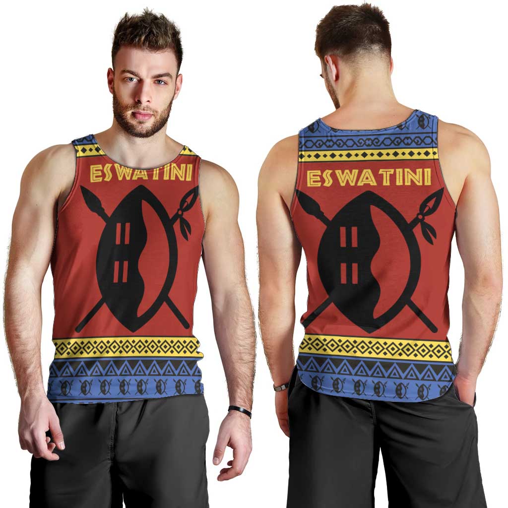 Eswatini Flag Men Tank Top with Traditional Shield Spear and Cultural Pattern Design - Wonder Print Shop