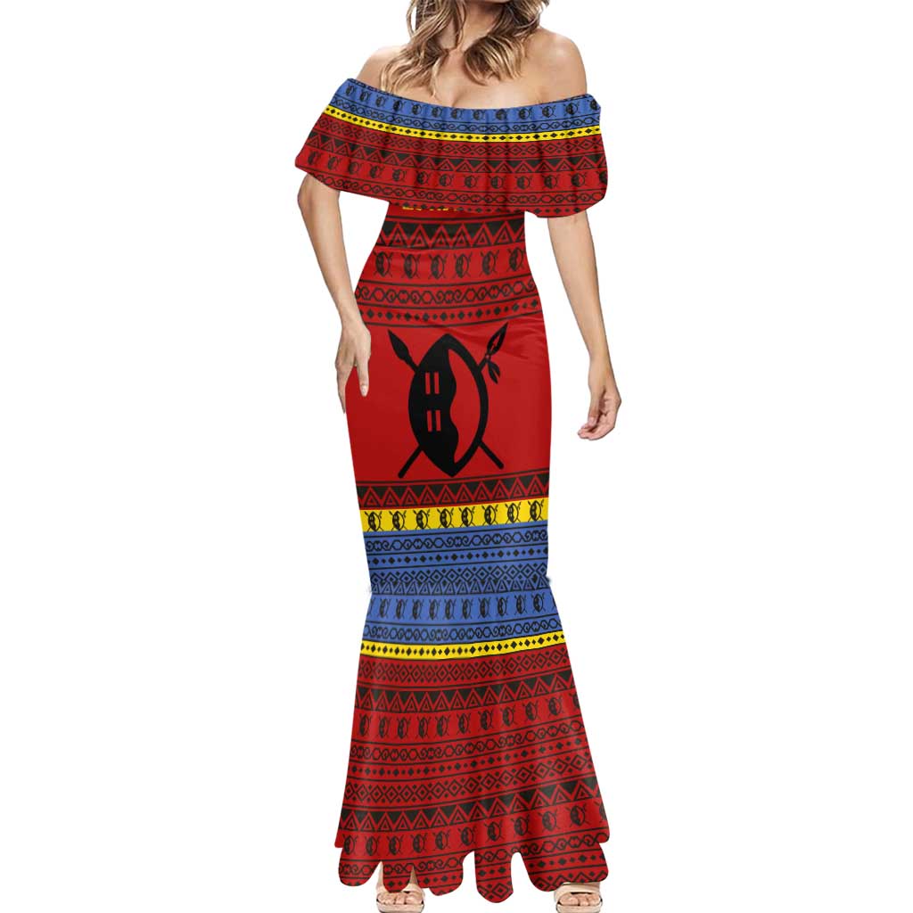 Eswatini Flag Mermaid Dress with Traditional Shield Spear and Cultural Pattern Design - Wonder Print Shop