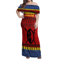 Eswatini Flag Off Shoulder Maxi Dress with Traditional Shield Spear and Cultural Pattern Design - Wonder Print Shop