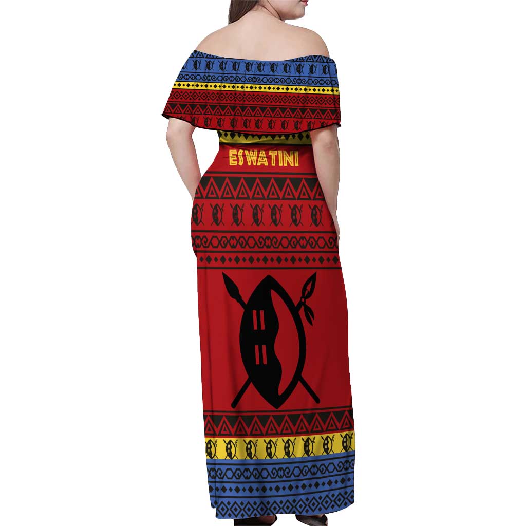 Eswatini Flag Off Shoulder Maxi Dress with Traditional Shield Spear and Cultural Pattern Design - Wonder Print Shop
