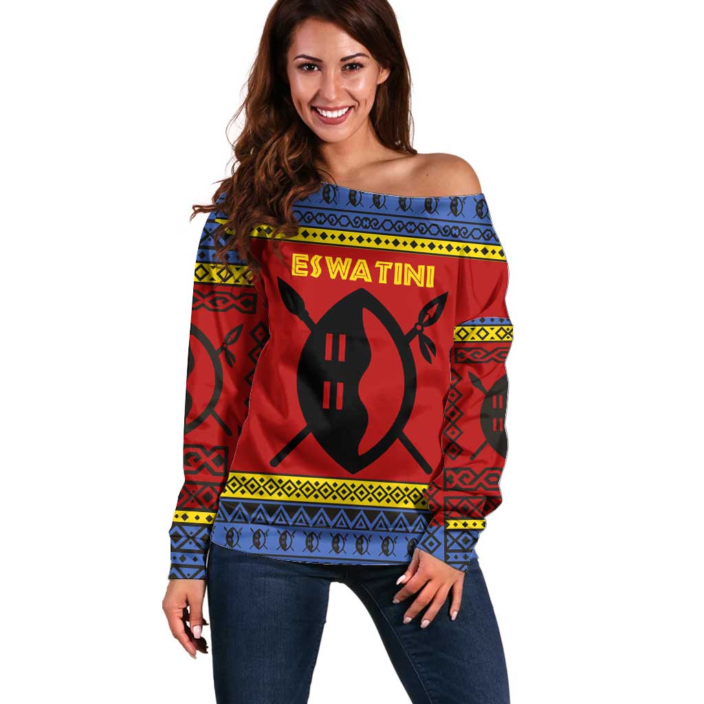 Eswatini Flag Off Shoulder Sweater with Traditional Shield Spear and Cultural Pattern Design - Wonder Print Shop