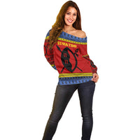 Eswatini Flag Off Shoulder Sweater with Traditional Shield Spear and Cultural Pattern Design - Wonder Print Shop