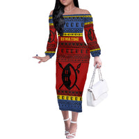 Eswatini Flag Off The Shoulder Long Sleeve Dress with Traditional Shield Spear and Cultural Pattern Design - Wonder Print Shop