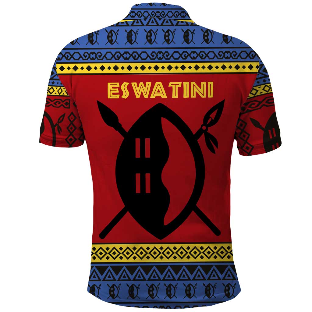 Eswatini Flag Polo Shirt with Traditional Shield Spear and Cultural Pattern Design - Wonder Print Shop