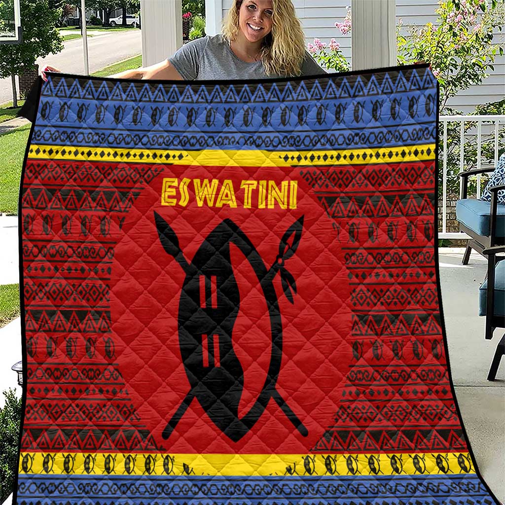 Eswatini Flag Quilt with Traditional Shield Spear and Cultural Pattern Design - Wonder Print Shop