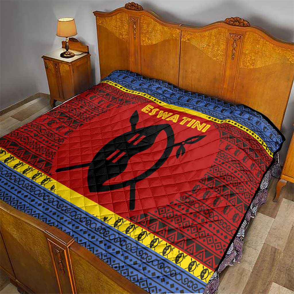 Eswatini Flag Quilt with Traditional Shield Spear and Cultural Pattern Design - Wonder Print Shop