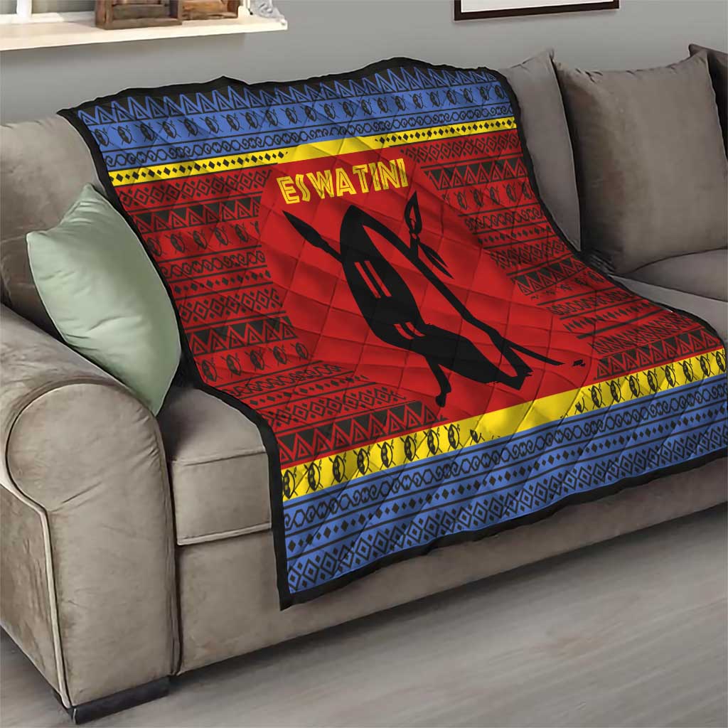 Eswatini Flag Quilt with Traditional Shield Spear and Cultural Pattern Design - Wonder Print Shop