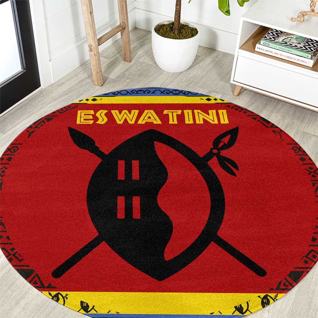 Eswatini Flag Round Carpet with Traditional Shield Spear and Cultural Pattern Design - Wonder Print Shop