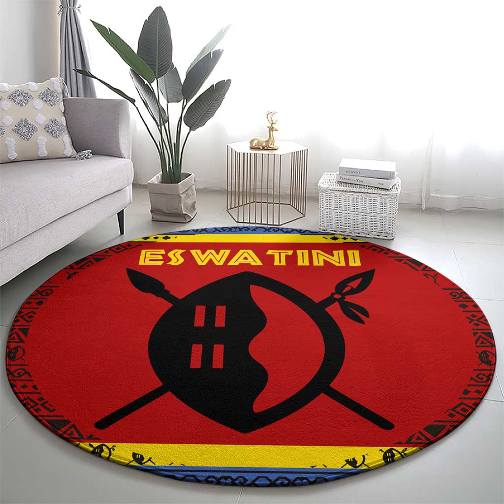 Eswatini Flag Round Carpet with Traditional Shield Spear and Cultural Pattern Design - Wonder Print Shop