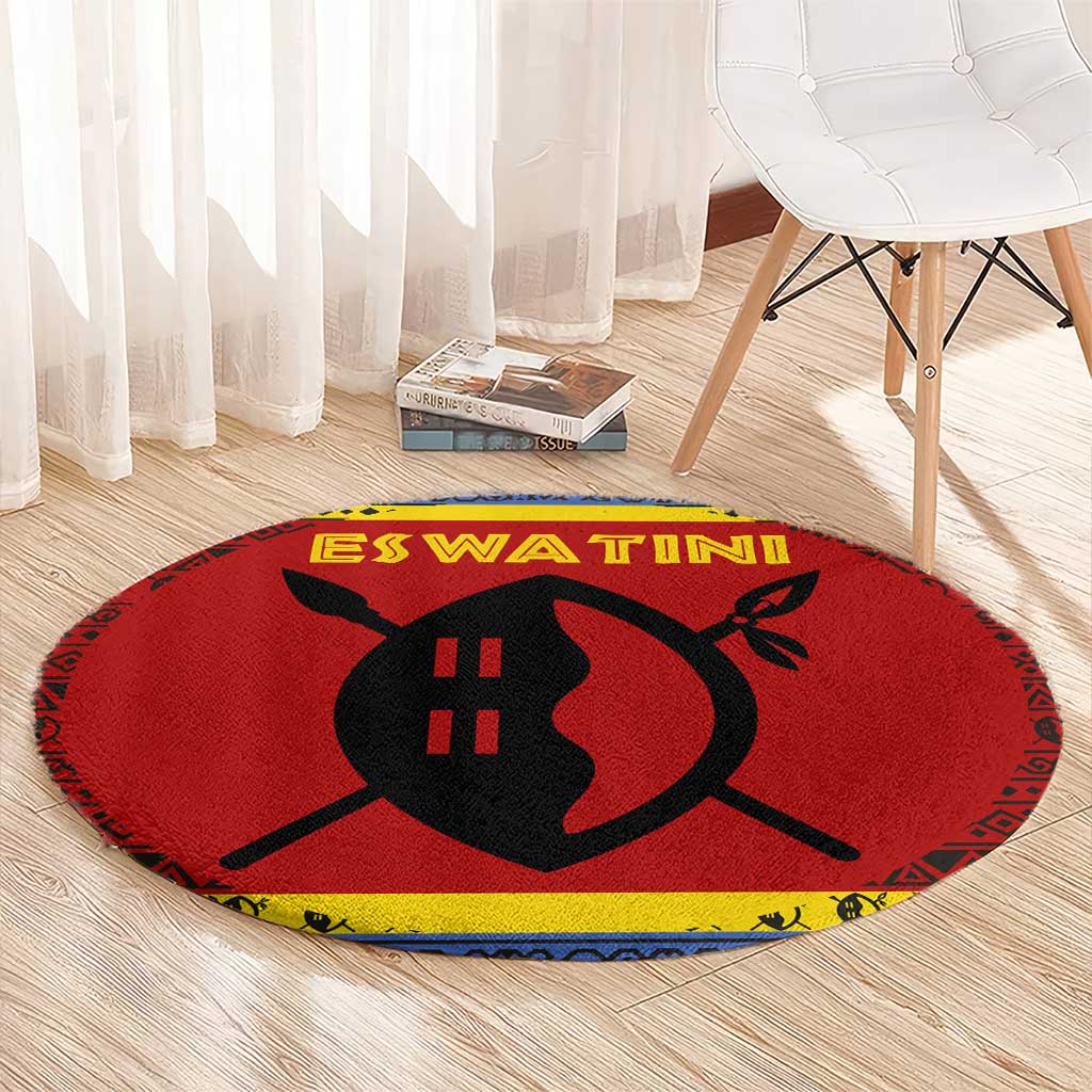 Eswatini Flag Round Carpet with Traditional Shield Spear and Cultural Pattern Design - Wonder Print Shop