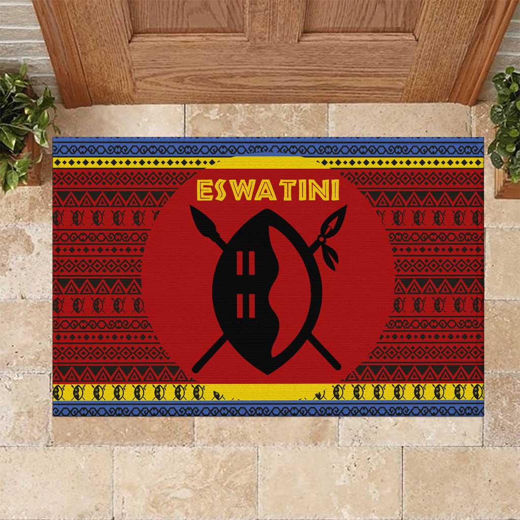 Eswatini Flag Rubber Doormat with Traditional Shield Spear and Cultural Pattern Design - Wonder Print Shop