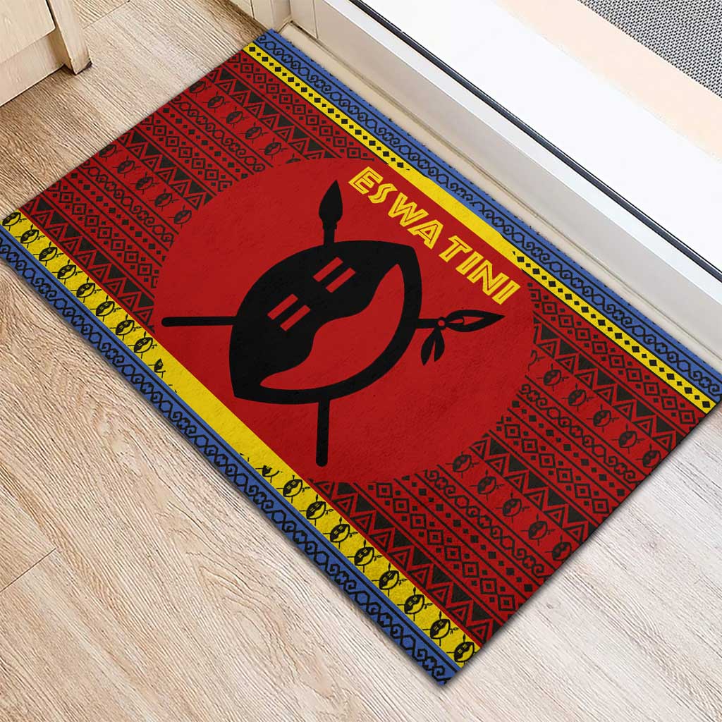 Eswatini Flag Rubber Doormat with Traditional Shield Spear and Cultural Pattern Design - Wonder Print Shop