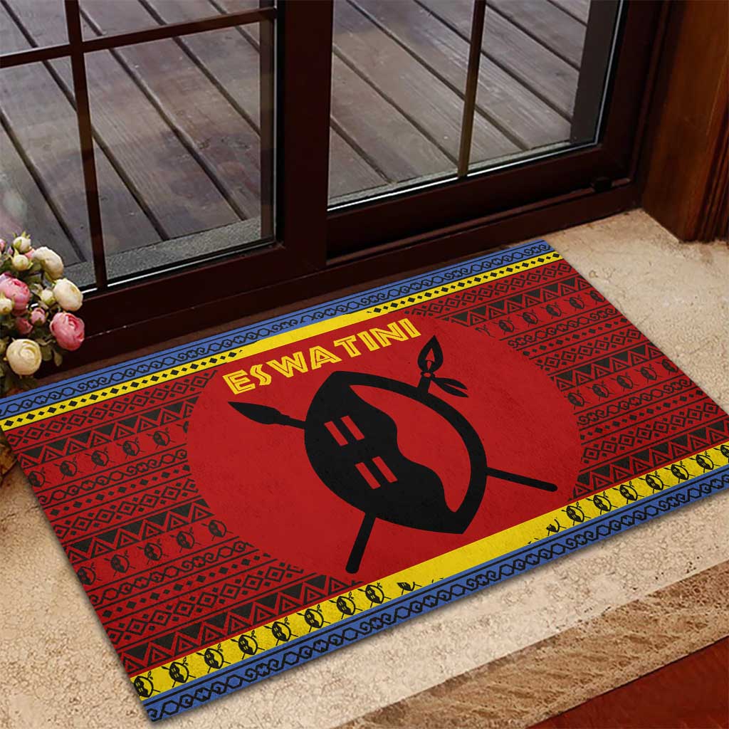 Eswatini Flag Rubber Doormat with Traditional Shield Spear and Cultural Pattern Design - Wonder Print Shop