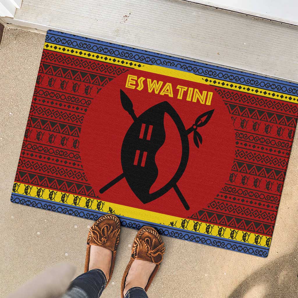 Eswatini Flag Rubber Doormat with Traditional Shield Spear and Cultural Pattern Design - Wonder Print Shop