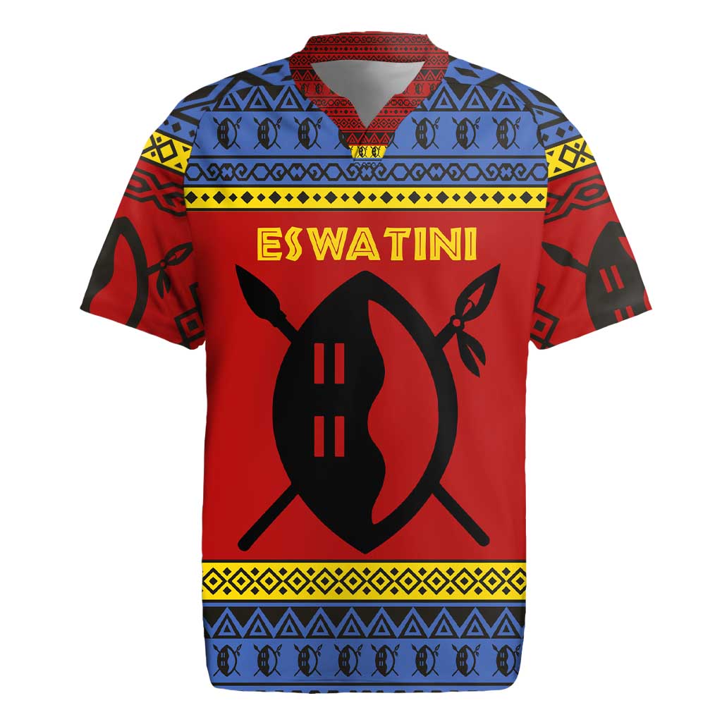 Eswatini Flag Rugby Jersey with Traditional Shield Spear and Cultural Pattern Design - Wonder Print Shop