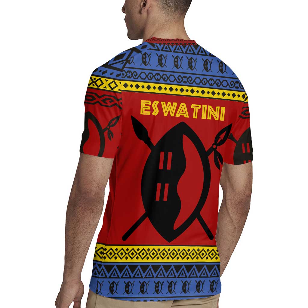 Eswatini Flag Rugby Jersey with Traditional Shield Spear and Cultural Pattern Design - Wonder Print Shop