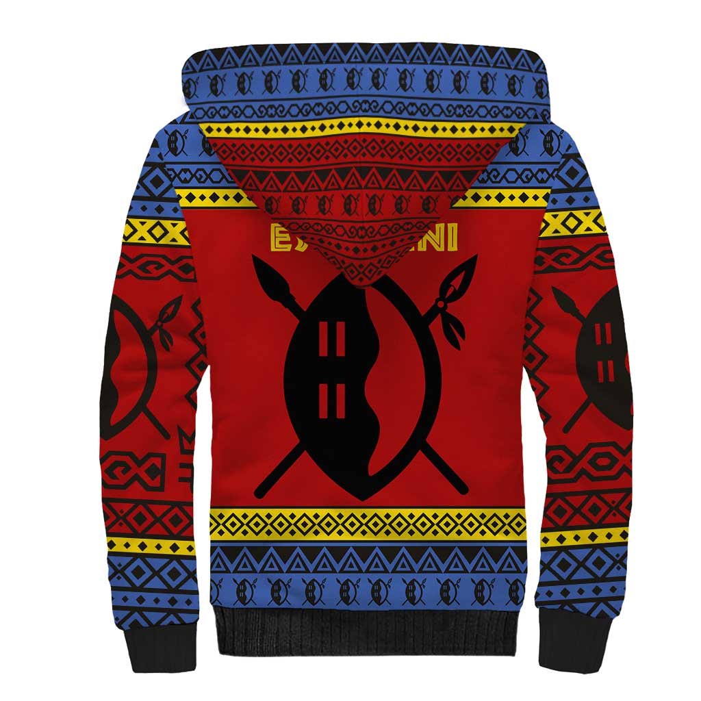 Eswatini Flag Sherpa Hoodie with Traditional Shield Spear and Cultural Pattern Design - Wonder Print Shop