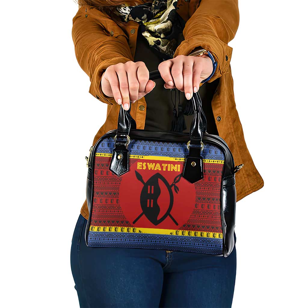 Eswatini Flag Shoulder Handbag with Traditional Shield Spear and Cultural Pattern Design - Wonder Print Shop