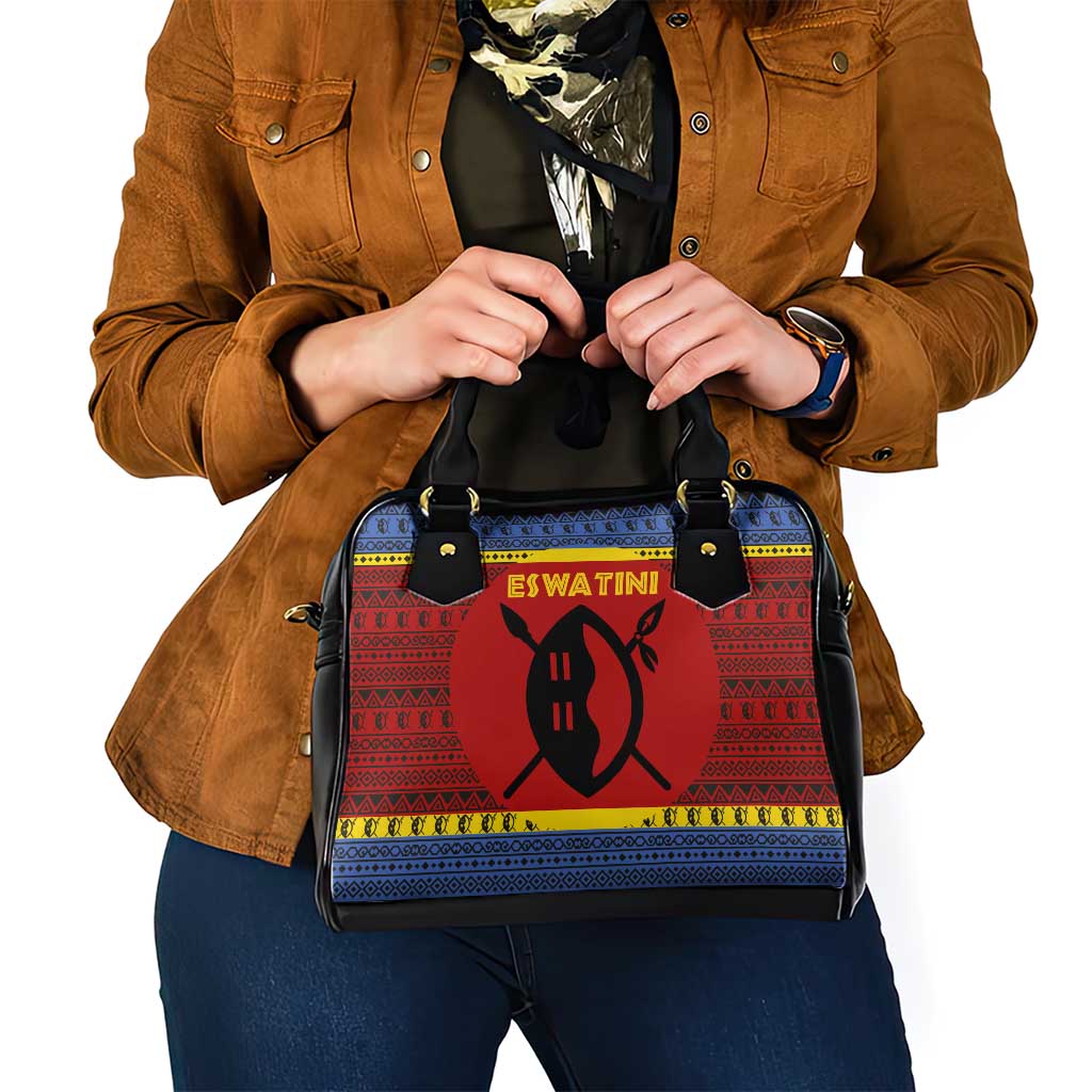 Eswatini Flag Shoulder Handbag with Traditional Shield Spear and Cultural Pattern Design - Wonder Print Shop