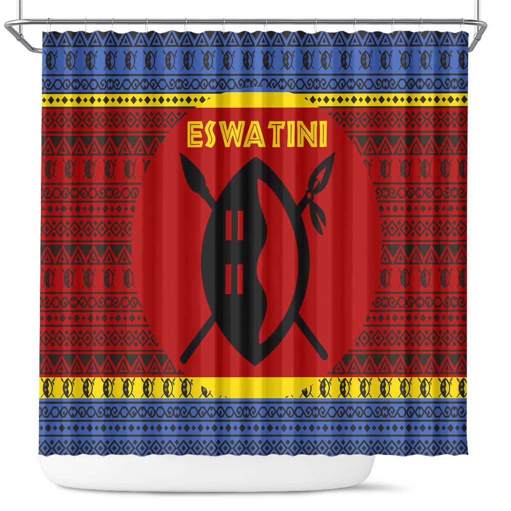 Eswatini Flag Shower Curtain with Traditional Shield Spear and Cultural Pattern Design - Wonder Print Shop