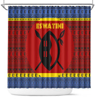 Eswatini Flag Shower Curtain with Traditional Shield Spear and Cultural Pattern Design - Wonder Print Shop