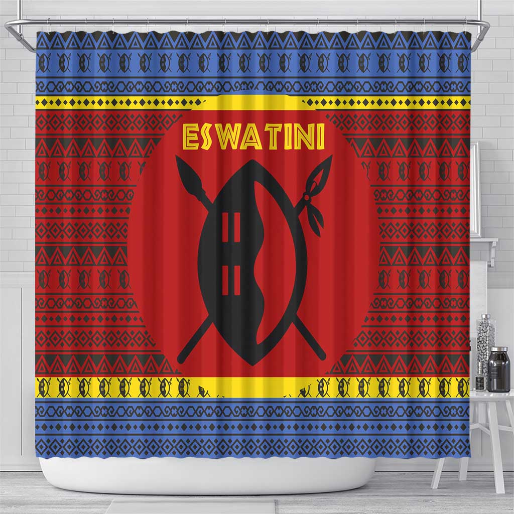 Eswatini Flag Shower Curtain with Traditional Shield Spear and Cultural Pattern Design - Wonder Print Shop