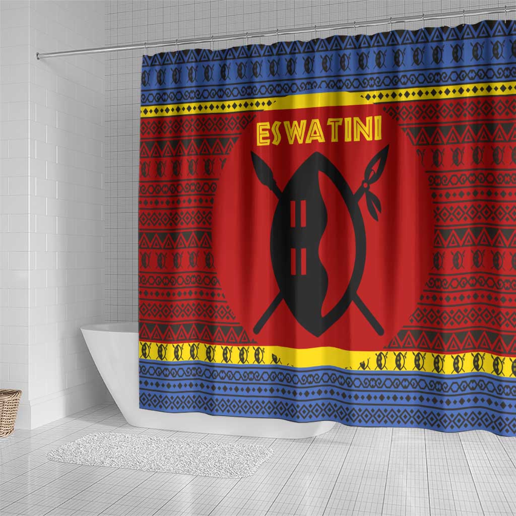 Eswatini Flag Shower Curtain with Traditional Shield Spear and Cultural Pattern Design - Wonder Print Shop