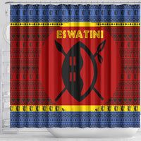 Eswatini Flag Shower Curtain with Traditional Shield Spear and Cultural Pattern Design - Wonder Print Shop