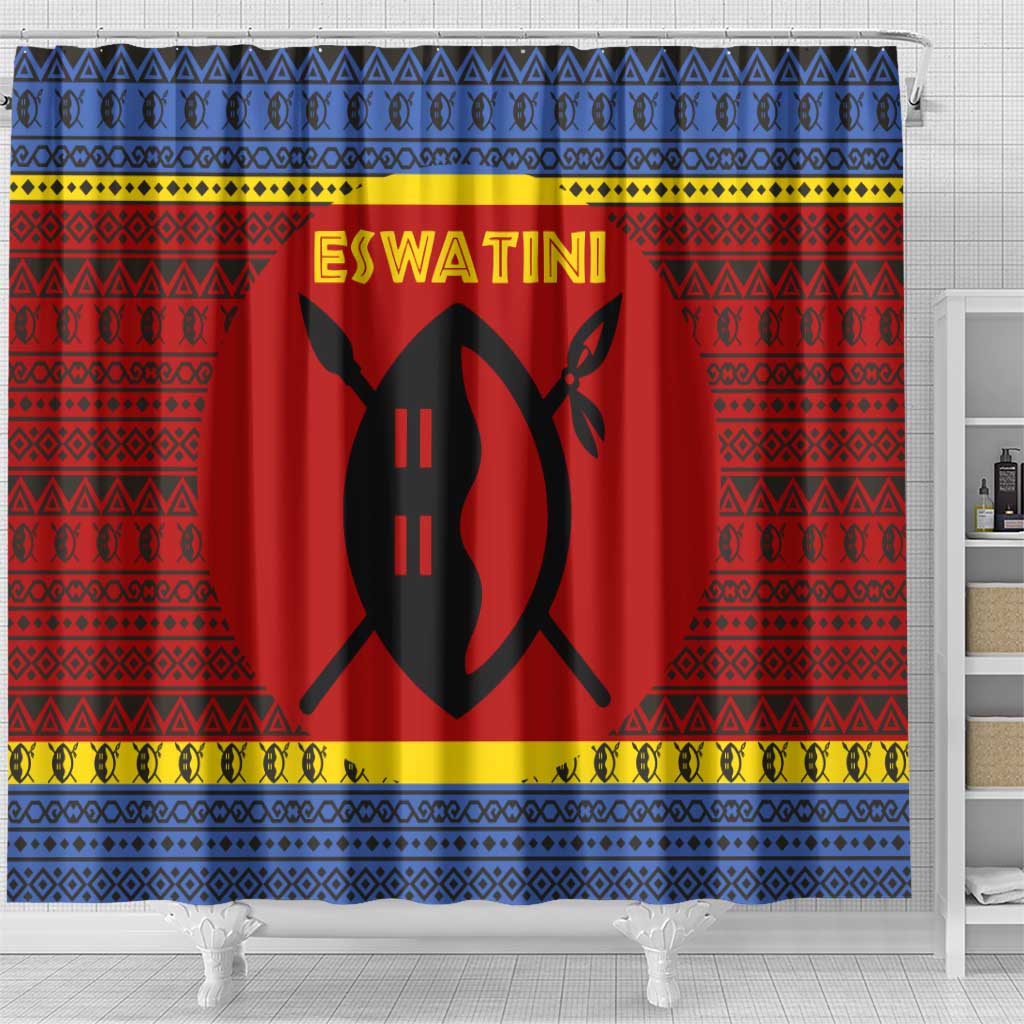 Eswatini Flag Shower Curtain with Traditional Shield Spear and Cultural Pattern Design - Wonder Print Shop